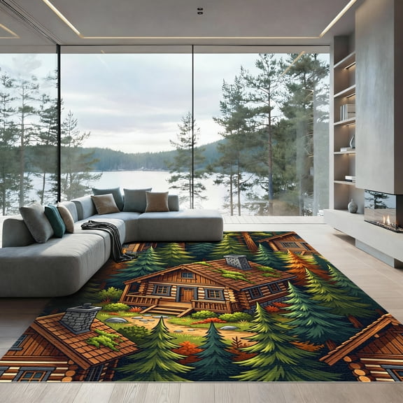 ODIKA 4'x6' Machine Washable Non-Slip Area Rug, Rustic Cabin Forest Green High Traffic Rug, Green, 1174634