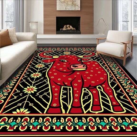ODIKA 4'x6' Machine Washable Non-Slip Area Rug, Rustic Cattle Motif Latch Hook with Festive Interlocking High Traffic Rug, Red, 642806
