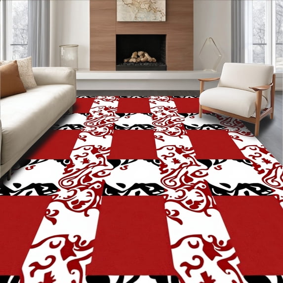 ODIKA 4'x6' Machine Washable Non-Slip Area Rug, Rustic Farmhouse Check with Holiday Filigree Details High Traffic Rug, Red, 615868
