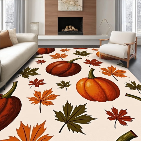 ODIKA 4'x6' Machine Washable Non-Slip Area Rug, Rustic Farmhouse Gourd Entrance Autumn Spice High Traffic Rug, Beige, 602000