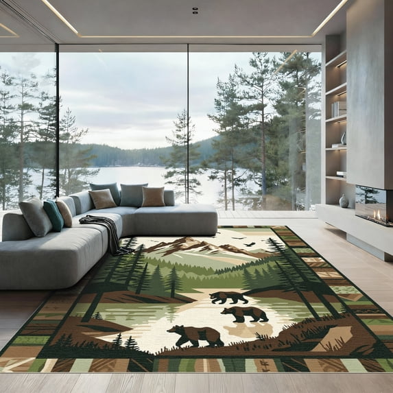ODIKA 4'x6' Machine Washable Non-Slip Area Rug, Rustic Forest Green High Traffic Rug, Green, 1049742