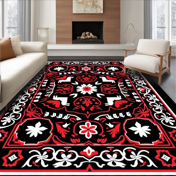 ODIKA 4'x6' Machine Washable Non-Slip Area Rug, Rustic Livestock Motif Cushion with Festive Nordic Embroidery High Traffic Rug, Black, 642824