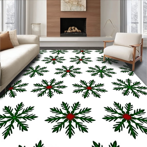 ODIKA 4'x6' Machine Washable Non-Slip Area Rug, Rustic Nordic Snowflake Motif with Festive Holly and Pine Detailing High Traffic Rug with Pad, White, 731578