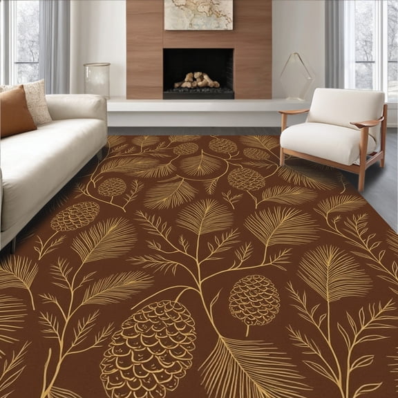 ODIKA 4x6 Machine Washable Non-Slip Area Rug, Rustic Woodland Pine Cone Design Festive Floor Accent High Traffic Rug, Brown, 732045