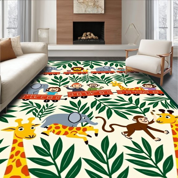 ODIKA 4x6 Machine Washable Non-Slip Area Rug, Safari Adventure Locomotive Train With Playful Jungle Animals High Traffic Rug, Green, 682800