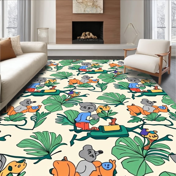 ODIKA 4'x6' Machine Washable Non-Slip Area Rug, Safari Adventure Locomotive With Playful Exotic Wildlife High Traffic Rug, Green, 682812