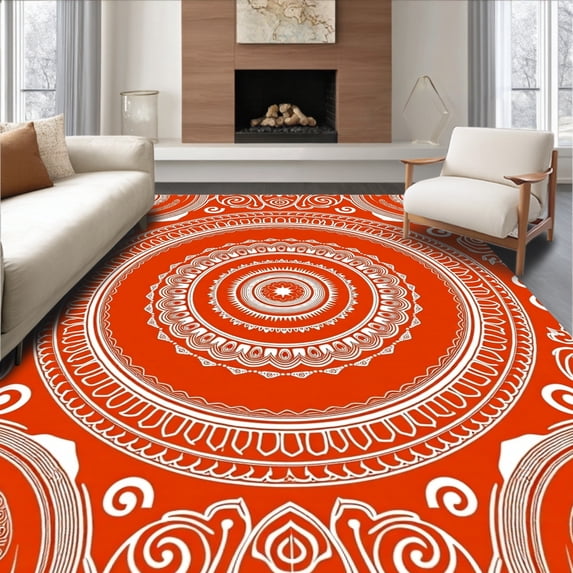 ODIKA 4'x6' Machine Washable Non-Slip Area Rug, Sanskrit Lotus with Radiant Petal Mosaic and Spiral Accents High Traffic Rug, Orange, 707872