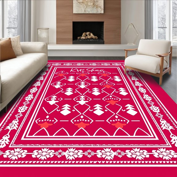 ODIKA 4'x6' Machine Washable Non-Slip Area Rug, Scandi Holiday Interlocking Plaid with Stylized Evergreen Motifs High Traffic Rug, Red, 638884