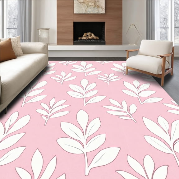 ODIKA 4'x6' Machine Washable Non-Slip Area Rug, Scandinavian Abstract Leaf Contemporary Motif High Traffic Rug, Pink, 616896