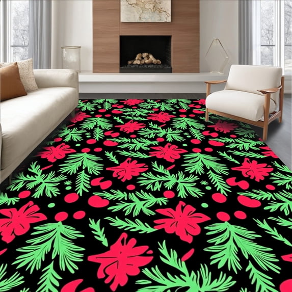 ODIKA 4'x6' Machine Washable Non-Slip Area Rug, Scandinavian Inspired Yuletide Fir Arrangement with Whimsical Bauble Details High Traffic Rug, Red, 653181
