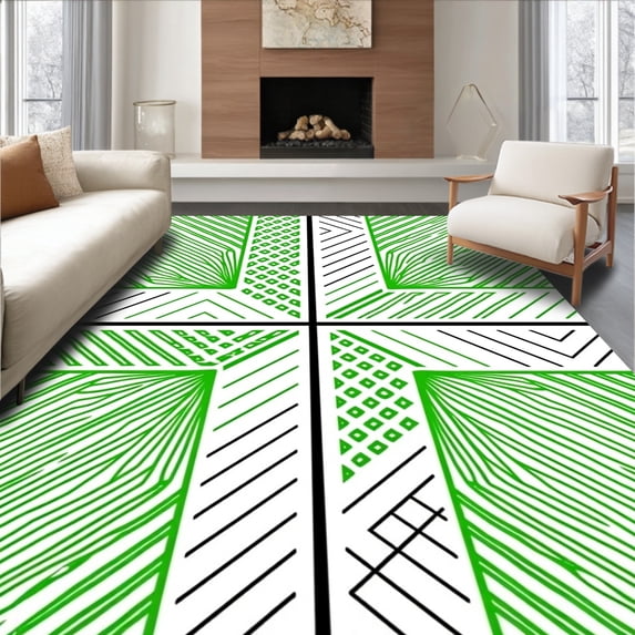ODIKA 4'x6' Machine Washable Non-Slip Area Rug, Scandinavian Nordic Cross Entrance Minimalist Grid High Traffic Rug, Green, 550855