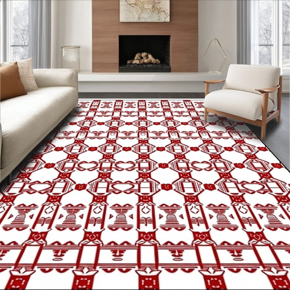 ODIKA 4'x6' Machine Washable Non-Slip Area Rug, Scandinavian Plaid Hearts with Interlocking Snowflake and Berry Sprigs High Traffic Rug with Pad, Red, 651558