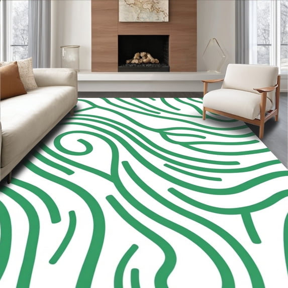 ODIKA 4'x6' Machine Washable Non-Slip Area Rug, Scandinavian Wave Minimalist Abstract Art High Traffic Rug, Green, 449319