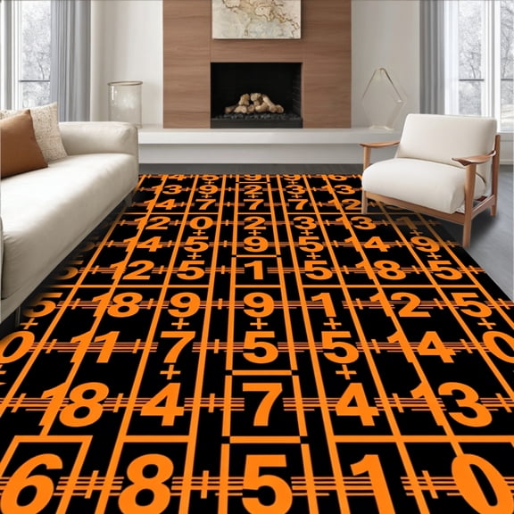 ODIKA 4'x6' Machine Washable Non-Slip Area Rug, Scoreboard Digital Display Grid High Traffic Rug, Black, 669862