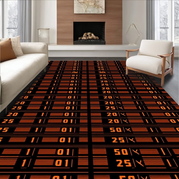 ODIKA 4'x6' Machine Washable Non-Slip Area Rug, Scoreboard Digital Display Style Sports Inspired High Traffic Rug, Black, 669894