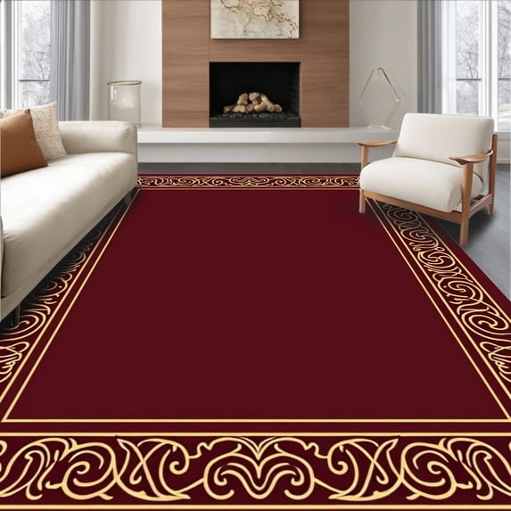 ODIKA 4'x6' Machine Washable Non-Slip Area Rug, Scrollwork Plush Fancy Exquisite Adornment High Traffic Rug, Burgundy, 616731