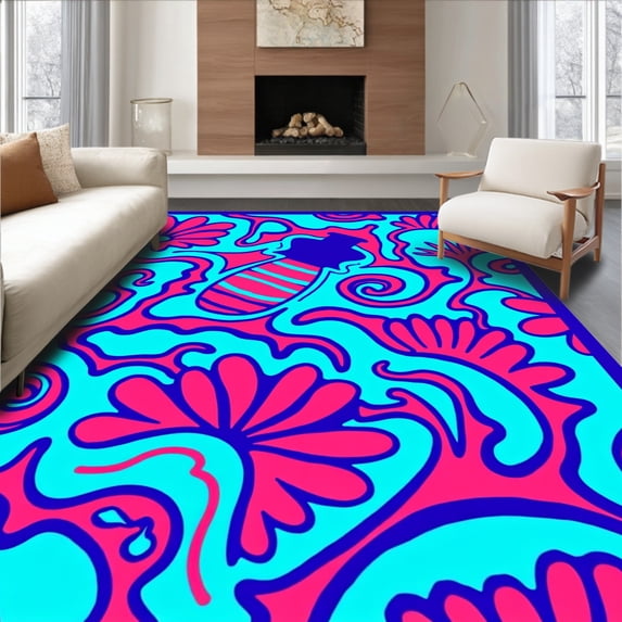 ODIKA 4'x6' Machine Washable Non-Slip Area Rug, Seashell Dreamscape with Lighthouse and Swirling Coral High Traffic Rug with Pad, Pink, 619004