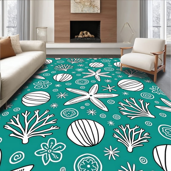 ODIKA 4'x6' Machine Washable Non-Slip Area Rug, Seashell Mosaic Design Flip Style Ground Cover High Traffic Rug, Teal, 716092