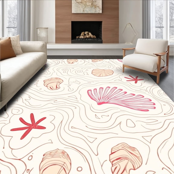 ODIKA 4'x6' Machine Washable Non-Slip Area Rug, Seashell Wave with Nautical Motifs High Traffic Rug, Pink, 716569