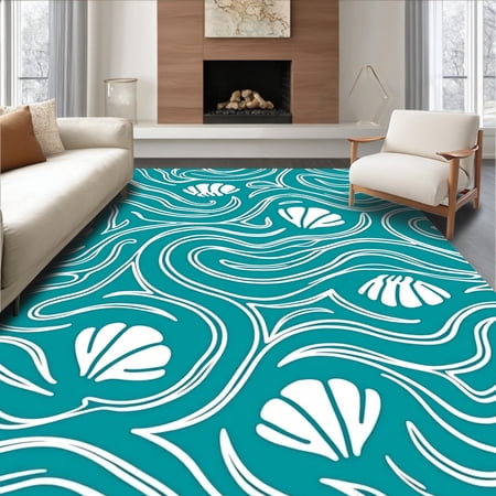 ODIKA 4'x6' Machine Washable Non-Slip Area Rug, Seashell With Oceanic Waves And Coral Branches High Traffic Rug, Teal, 707798