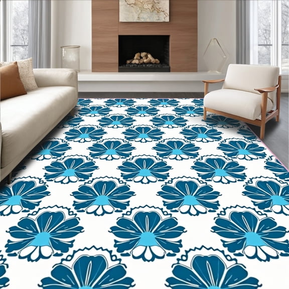 ODIKA 4'x6' Machine Washable Non-Slip Area Rug, Seaside Shell Medallion Reversible Waterproof Picnic Floor High Traffic Rug, Blue, 716124