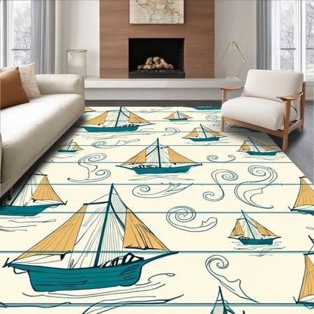 ODIKA 4'x6' Machine Washable Non-Slip Area Rug, Seaside Vessel Voyage Journey Mariner Dock Wave Shipyard Entry High Traffic Rug, Ivory, 656367