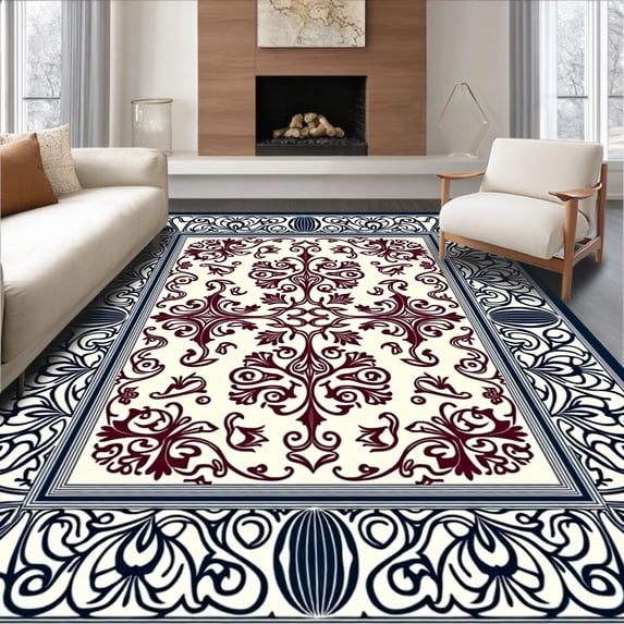 ODIKA 4'x6' Machine Washable Non-Slip Area Rug, Seasonal Deer Damask Pathway with Holiday Motifs High Traffic Rug with Pad, Ivory, 509260