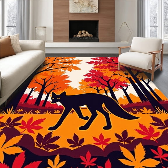 ODIKA 4'x6' Machine Washable Non-Slip Area Rug, Seasonal Fox Hunting Scene with Fall Foliage Border High Traffic Rug, Orange, 512791