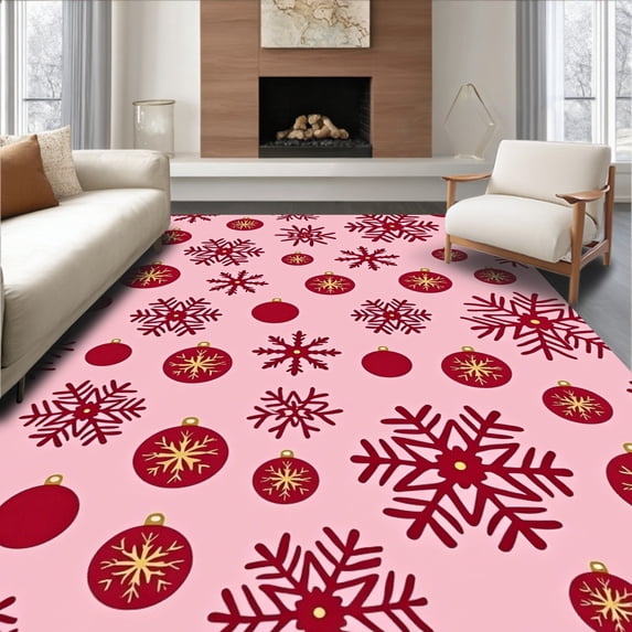 ODIKA 4'x6' Machine Washable Non-Slip Area Rug, Seasonal Ornaments and Snowflake Cluster Decorative Design High Traffic Rug with Pad, Pink, 652071