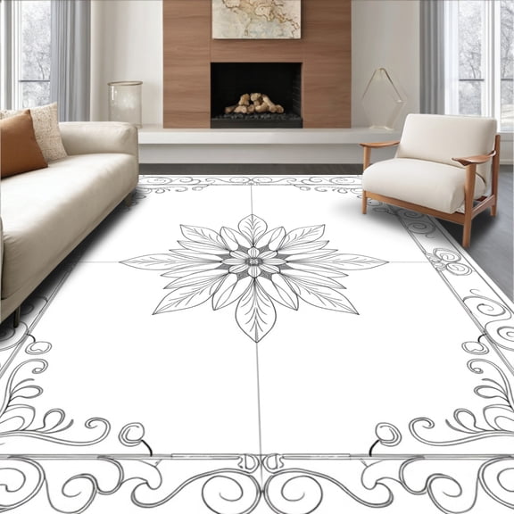 ODIKA 4'x6' Machine Washable Non-Slip Area Rug, Serene Lotus Medallion with Delicate Scrollwork Motifs High Traffic Rug, Black, 661669