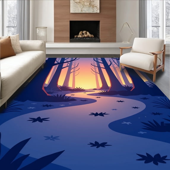 ODIKA 4'x6' Machine Washable Non-Slip Area Rug, Serene Woodland Sanctuary Beneath Radiant Dusk Canopy High Traffic Rug, Blue, 513962