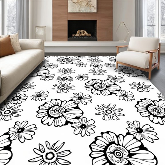 ODIKA 4x6 Machine Washable Non-Slip Area Rug, Shadowed Blossom Vintage Noir Art High Traffic Rug, Black, 355130