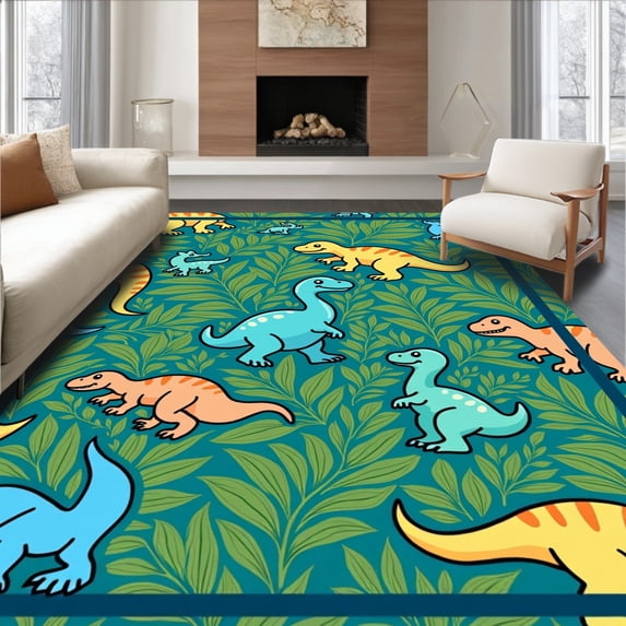 ODIKA 4'x6' Machine Washable Non-Slip Area Rug, Smiling Dinosaur Gathering with Lively Foliage and Playful Jungle Details High Traffic Rug with Pad, Blue, 723283