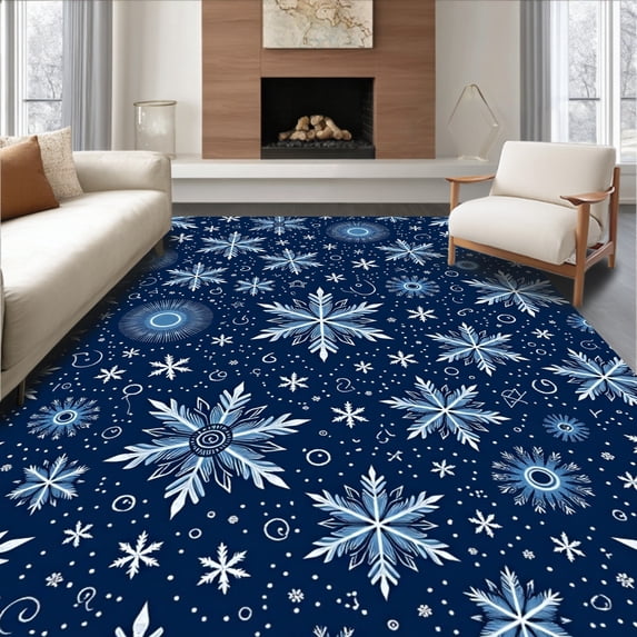ODIKA 4'x6' Machine Washable Non-Slip Area Rug, Snowflake Cascade Design Winter Celebration High Traffic Rug with Pad, Blue, 732226