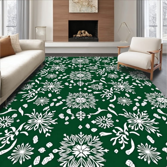 ODIKA 4'x6' Machine Washable Non-Slip Area Rug, Snowflake Cascade Hallway with Festive Winter Design High Traffic Rug, Green, 606904