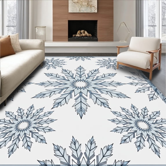 ODIKA 4'x6' Machine Washable Non-Slip Area Rug, Snowflake Crystal with Winter Medallion High Traffic Rug with Pad, Blue, 623377