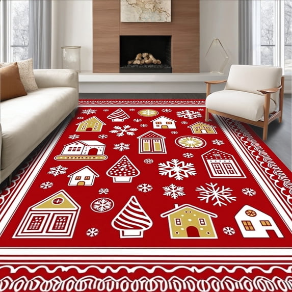 ODIKA 4'x6' Machine Washable Non-Slip Area Rug, Snowflake Gingerbread Village Holiday with Festive Houses High Traffic Rug with Pad, Red, 631049
