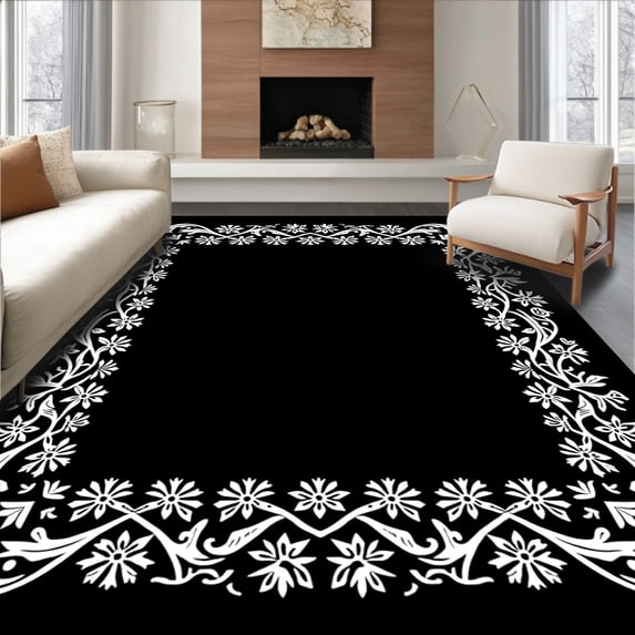 ODIKA 4'x6' Machine Washable Non-Slip Area Rug, Snowflake Holiday Decorative Floor High Traffic Rug with Pad, Black, 623661