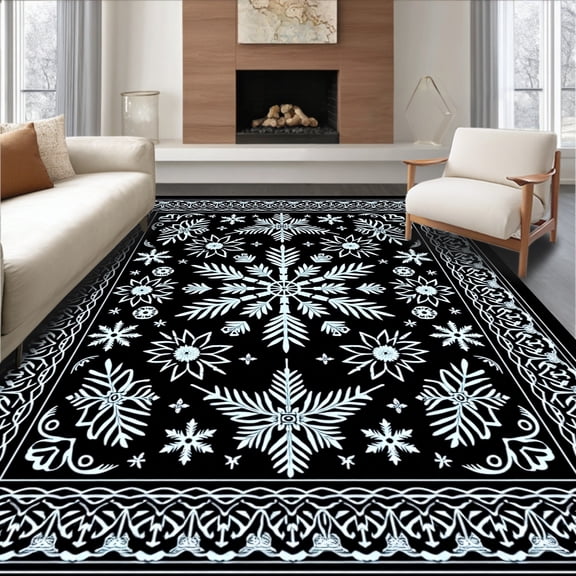 ODIKA 4'x6' Machine Washable Non-Slip Area Rug, Snowflake Latch Hook Kit Pre Printed Canvas DIY Crochet Yarn High Traffic Rug, Black, 646100