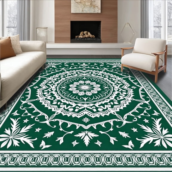 ODIKA 4'x6' Machine Washable Non-Slip Area Rug, Snowflake Latch Hook Kit Pre Printed Canvas Embroidery Needlework High Traffic Rug with Pad, Green, 645846