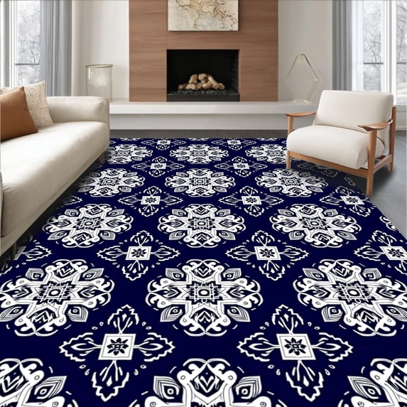 ODIKA 4'x6' Machine Washable Non-Slip Area Rug, Snowflake Medallion Ornamental Design Anti Skid Backing High Traffic Rug, Blue, 622590