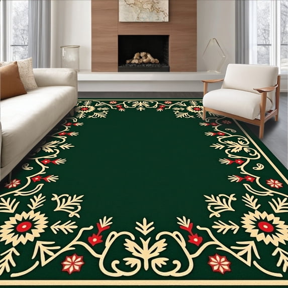 ODIKA 4'x6' Machine Washable Non-Slip Area Rug, Snowflake Pine Tree Festive Interlocking Holiday Motif High Traffic Rug with Pad, Green, 617648
