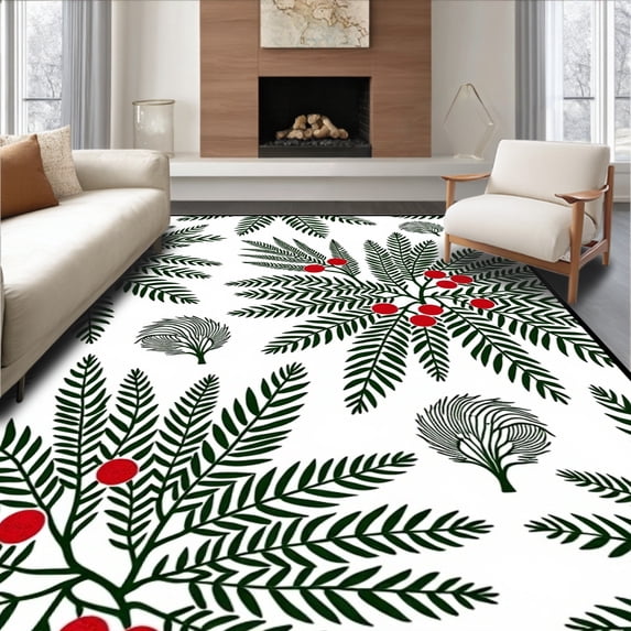ODIKA 4'x6' Machine Washable Non-Slip Area Rug, Snowy Forest Tiger Showcasing Artistic Pine and Berry High Traffic Rug with Pad, Green, 744523