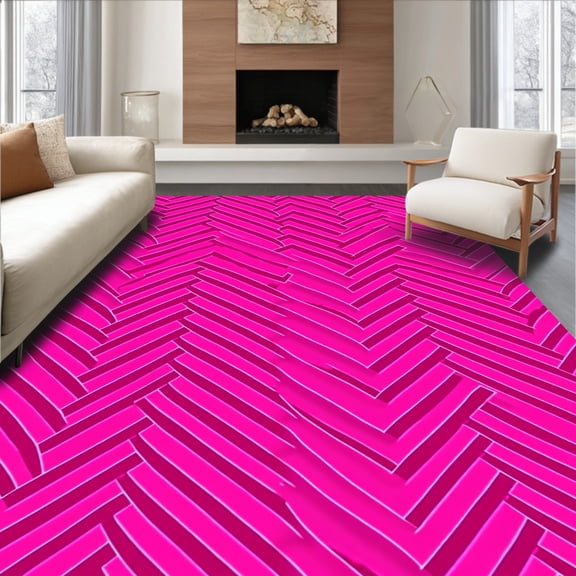 ODIKA 4'x6' Machine Washable Non-Slip Area Rug, Sophisticated Herringbone Zigzag Contemporary Charm High Traffic Rug, Pink, 439056