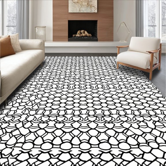 ODIKA 4x6 Machine Washable Non-Slip Area Rug, Sophisticated Monochrome Interlocking Hexagon High Traffic Rug, Black, 360482