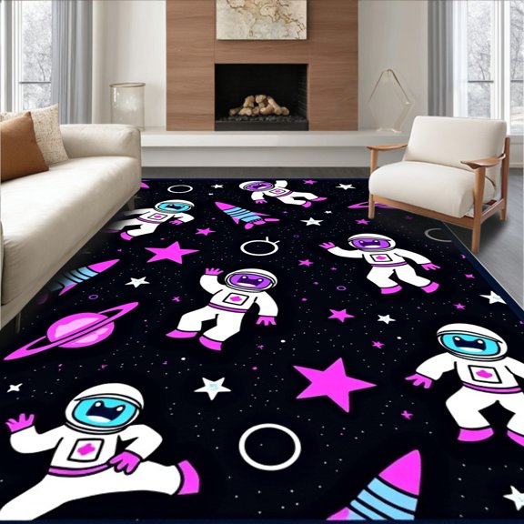ODIKA 4'x6' Machine Washable Non-Slip Area Rug, Space Explorer Galaxy Adventure Crochet with Cosmic Themes High Traffic Rug, Black, 727635
