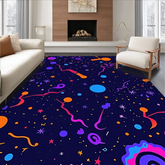 ODIKA 4'x6' Machine Washable Non-Slip Area Rug, Space Galaxy Planet Constellation Science Discovery High Traffic Rug, Orange, 693244