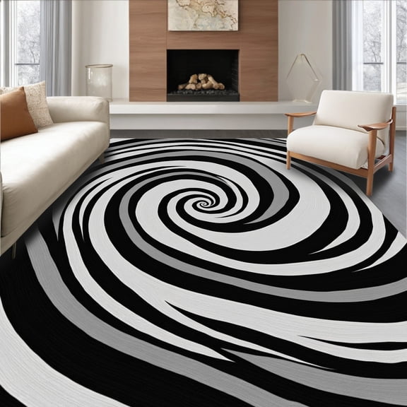 ODIKA 4'x6' Machine Washable Non-Slip Area Rug, Spiral Vortex Abstract Swirl Contemporary Design High Traffic Rug, Black, 452469