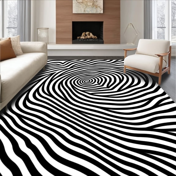 ODIKA 4'x6' Machine Washable Non-Slip Area Rug, Spiral Vortex Doormat with Concentric Swirl Formations High Traffic Rug, Black, 463438