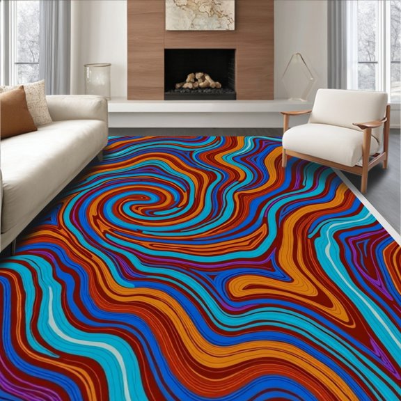 ODIKA 4'x6' Machine Washable Non-Slip Area Rug, Spiral Wave Motif with Fluid Abstract Swirls and Dynamic Flow High Traffic Rug, Blue, 664204
